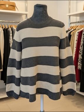 LOFT Gray Ivory Knit Striped Women's Pullover Sweater Long Sleeve Size L